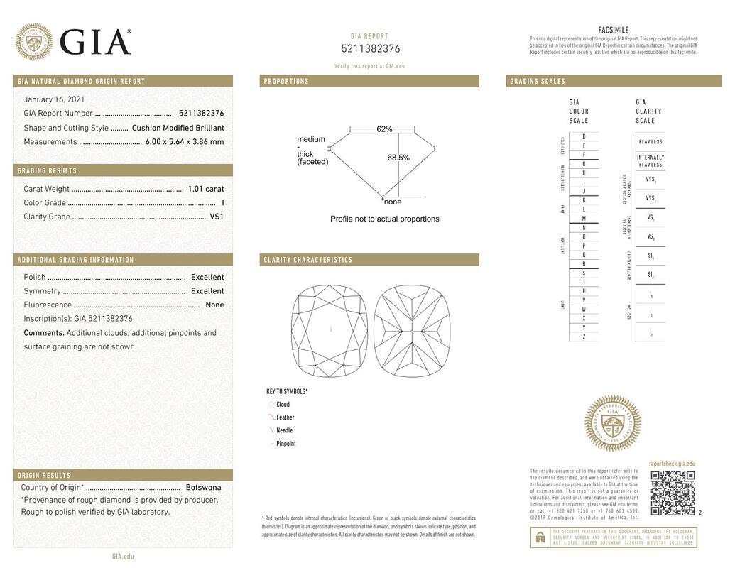 Contemporain GIA 1.01ct Cushion Solitaire avec Demi-Eternité Bague diamant en or blanc 18K en vente