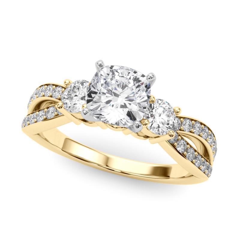 Cushion Cut GIA 1.01ct Cushion Three-Stone Split Shank Pave 18K Yellow Gold Diamond Ring For Sale