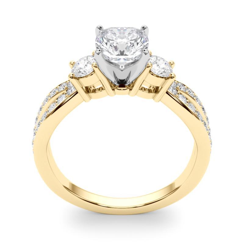 Women's GIA 1.01ct Cushion Three-Stone Split Shank Pave 18K Yellow Gold Diamond Ring For Sale