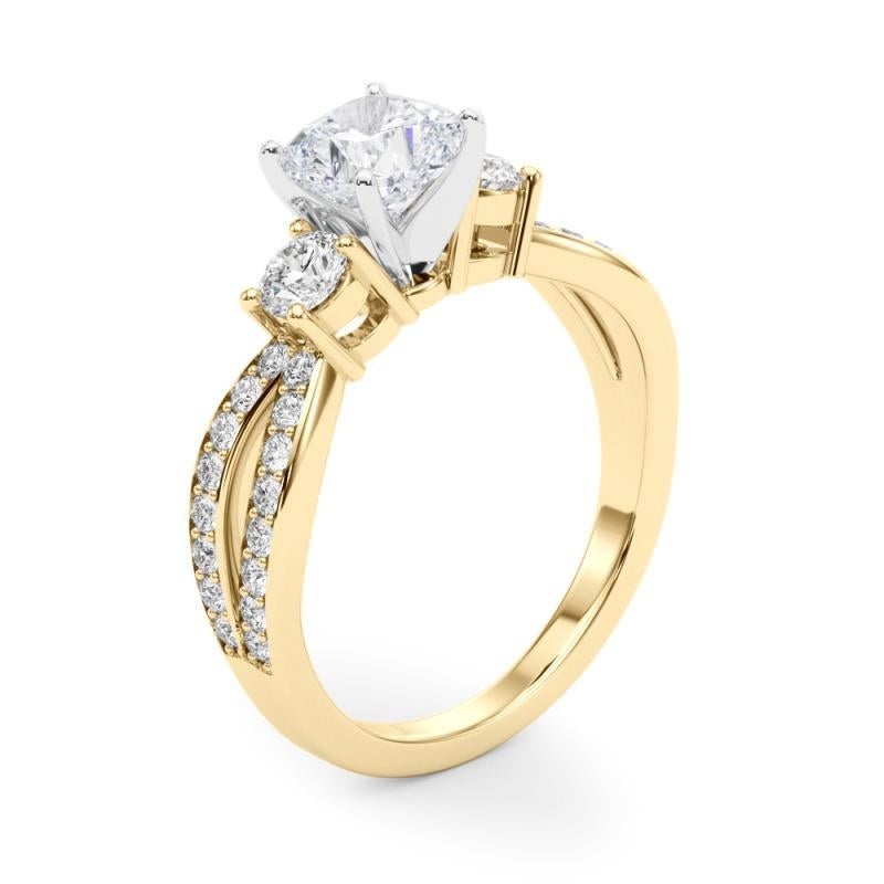 GIA 1.01ct Cushion Three-Stone Split Shank Pave 18K Yellow Gold Diamond Ring For Sale 1