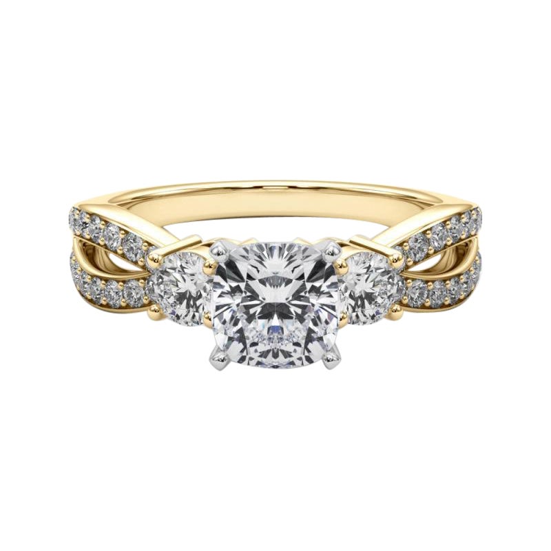 GIA 1.01ct Cushion Three-Stone Split Shank Pave 18K Yellow Gold Diamond Ring