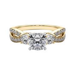 GIA 1.01ct Cushion Three-Stone Split Shank Pave 18K Yellow Gold Diamond Ring