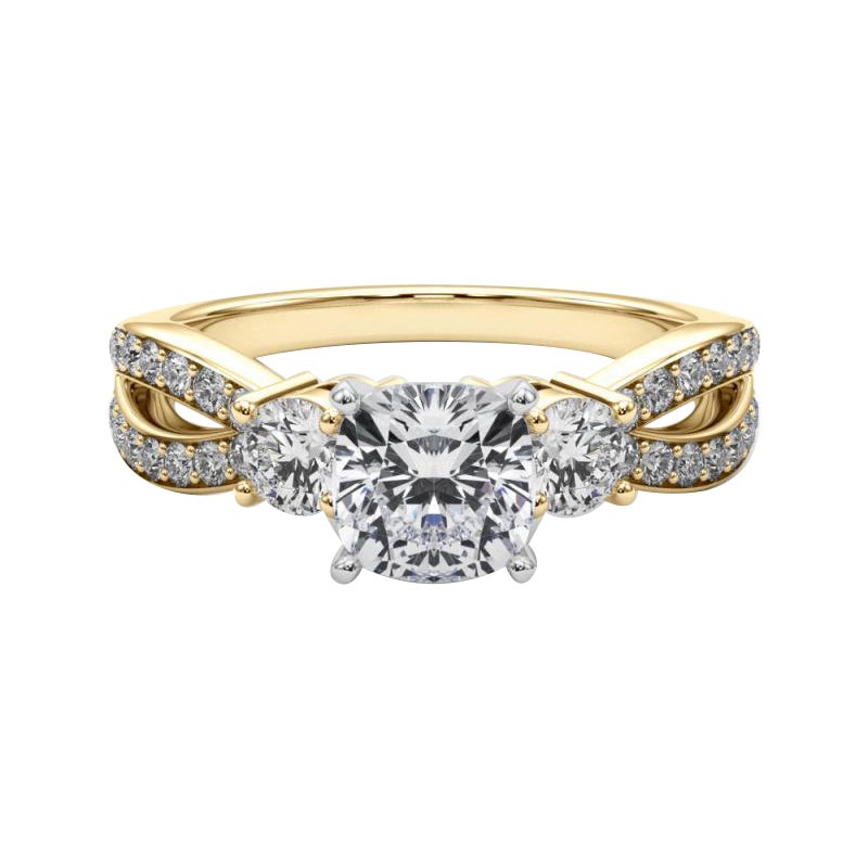 GIA 1.01ct Cushion Three-Stone Split Shank Pave 18K Yellow Gold Diamond Ring