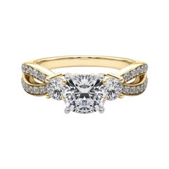 GIA 1.01ct Cushion Three-Stone Split Shank Pave 18K Yellow Gold Diamond Ring