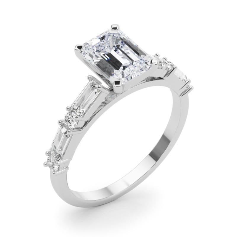 GIA 1.01ct Emerald Round & Baguette Channel Band Bague diamant en or blanc 18K Pour femmes en vente