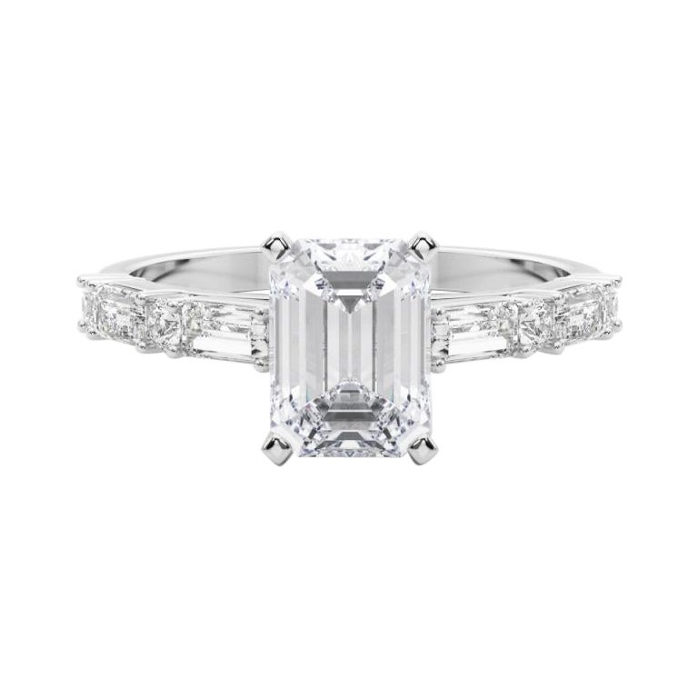 GIA 1.01ct Emerald Round
Baguette Channel Band Bague diamant en or blanc 18K