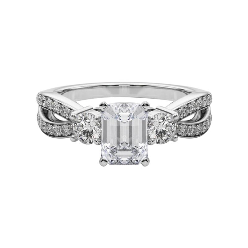 GIA 1,01ct Smeraldo a tre pietre Split Shank Pave Anello con diamanti in oro bianco 18K