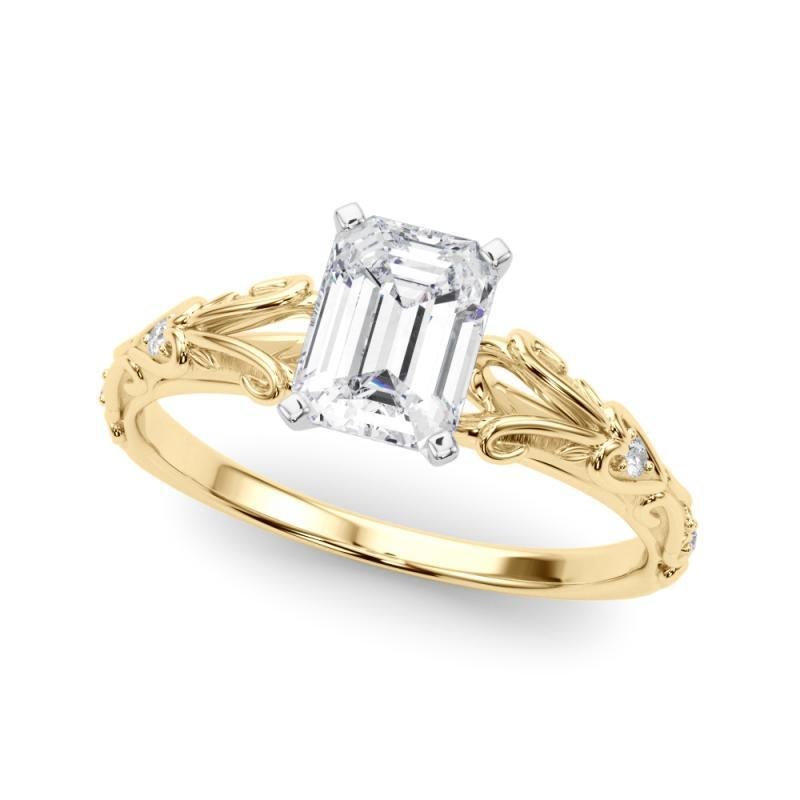 Emerald Cut GIA 1.01ct Emerald Vintage 3-Stone Heart & Vine 18K Yellow Gold Diamond Ring For Sale