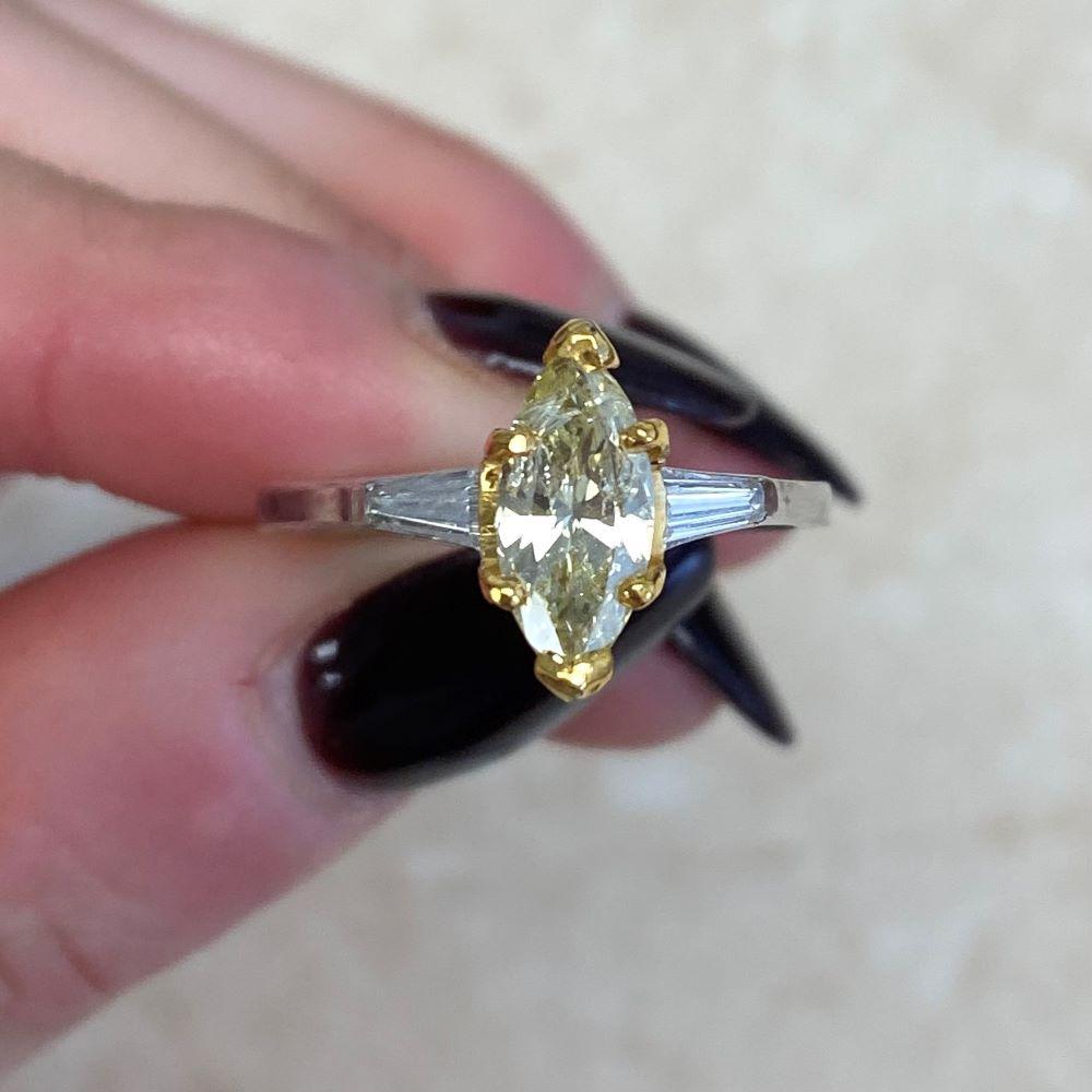 GIA 1.01ct Marquise Cut Fancy Yellow Diamond Engagement Ring, Platinum For Sale 4