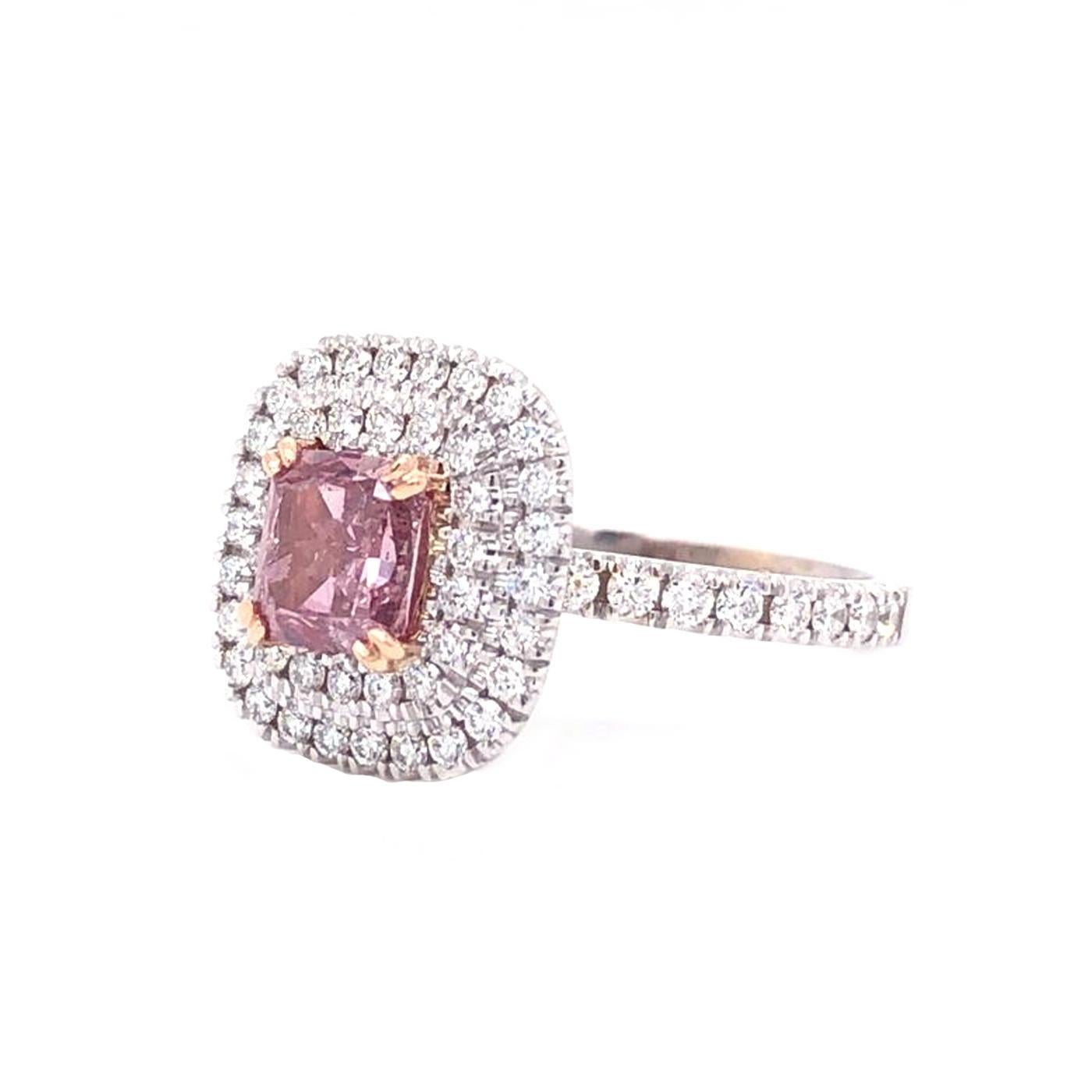 Modernist GIA 1.01ct Natural Fancy Intense Purplish Pink Diamond with Cushion Diamond Ring For Sale