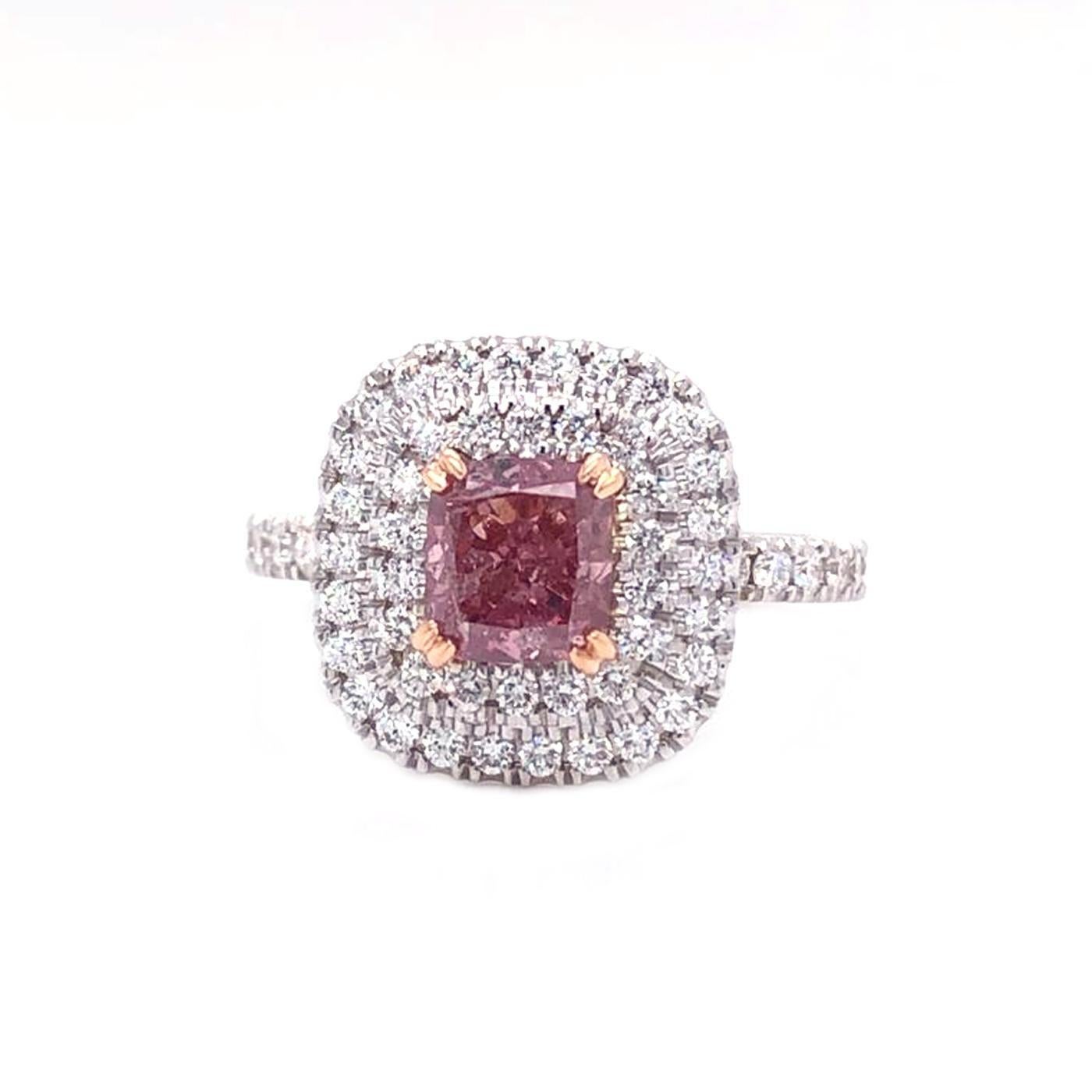 Antique Cushion Cut GIA 1.01ct Natural Fancy Intense Purplish Pink Diamond with Cushion Diamond Ring For Sale