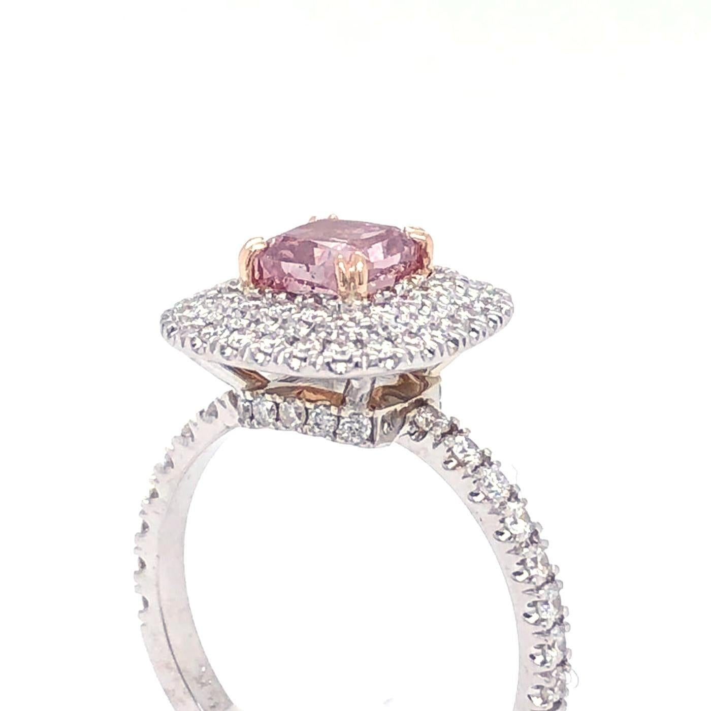 GIA 1.01ct Natural Fancy Intense Purplish Pink Diamond with Cushion Diamond Ring For Sale 1