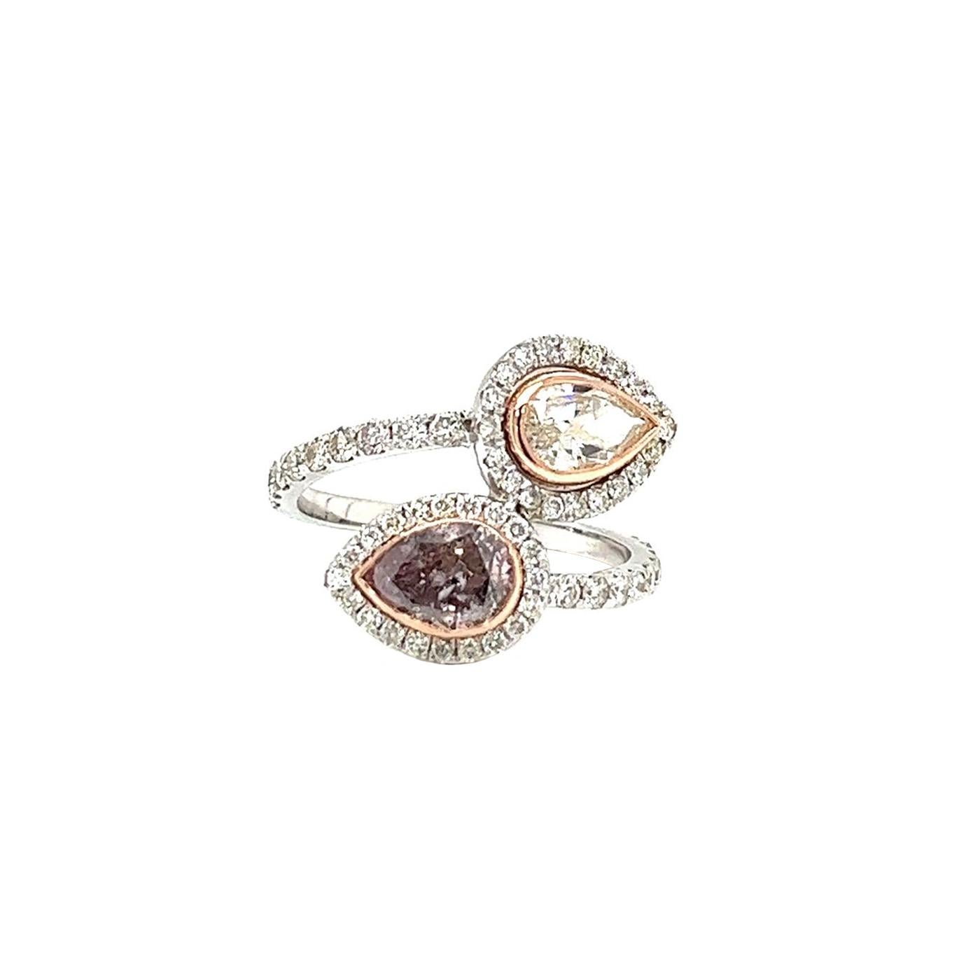 Modernist GIA 1.01ct Natural Fancy Purpleish pink Diamond Ring w/1.01ct Pear Shape Diamond