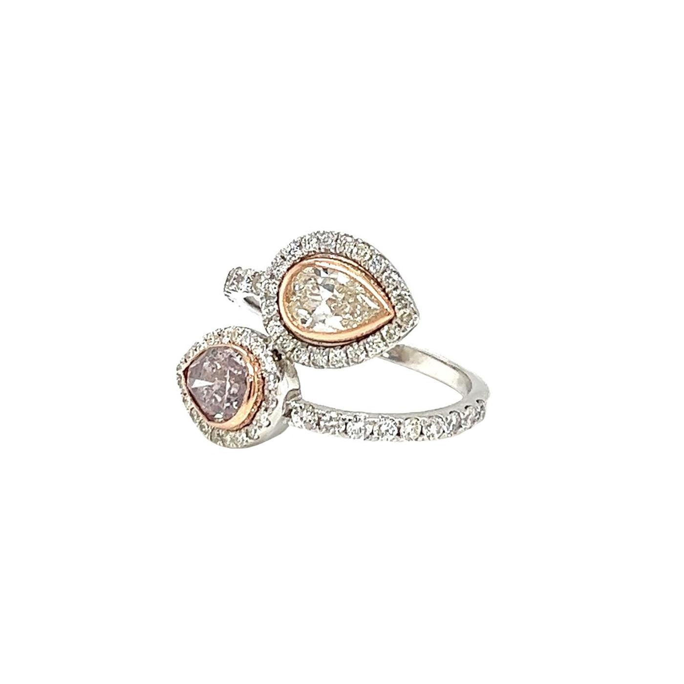 Pear Cut GIA 1.01ct Natural Fancy Purpleish pink Diamond Ring w/1.01ct Pear Shape Diamond