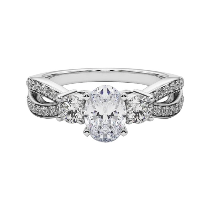 GIA 1.01ct Oval Three-Stone Split Shank Pave 18K White Gold Diamond Ring (bague à trois pierres ovales pavées en or blanc)