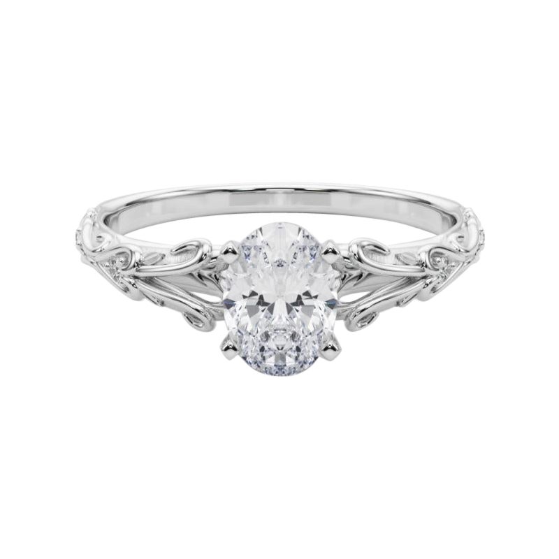 GIA 1,01ct Oval Vintage 3-Stone Heart & Vine Anello di diamanti in oro bianco 18K