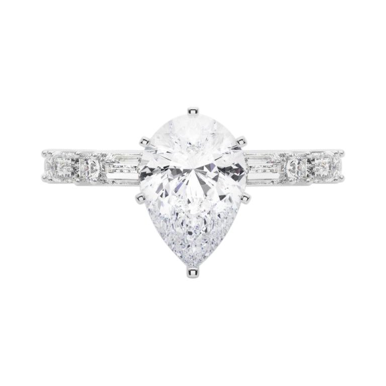 GIA 1.01ct Pear Round & Baguette Channel Band 18K White Gold Diamond Ring