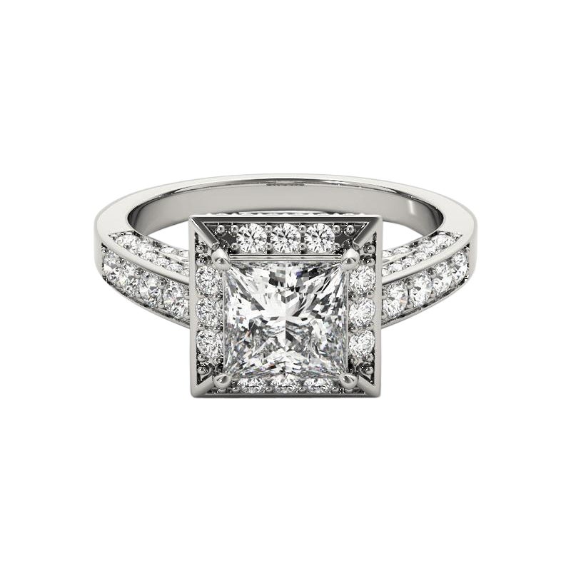 GIA 1,01ct Anello con diamante aureolato a principessa nascosto nella cattedrale in oro bianco 18 carati