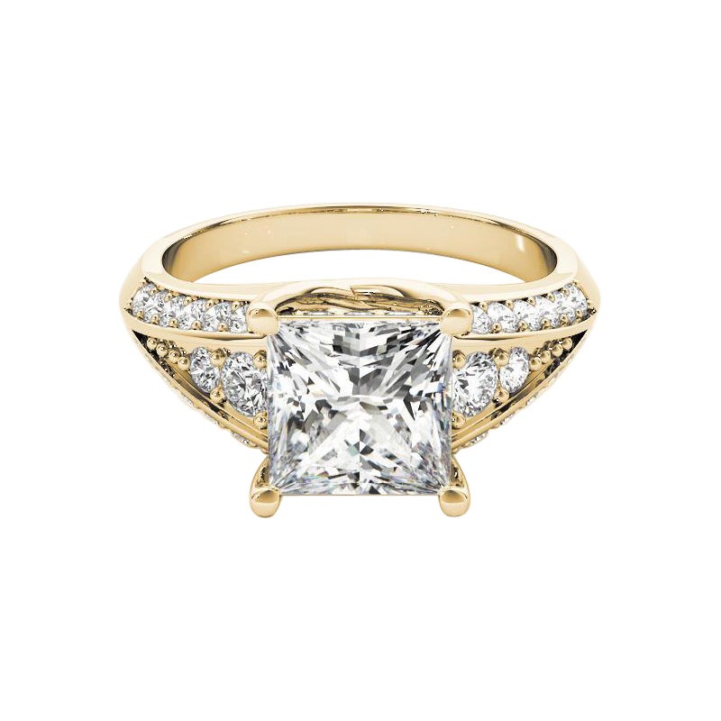 GIA 1,01ct Anillo de diamantes de oro amarillo con solitaria princesa de varias filas y caña biselada