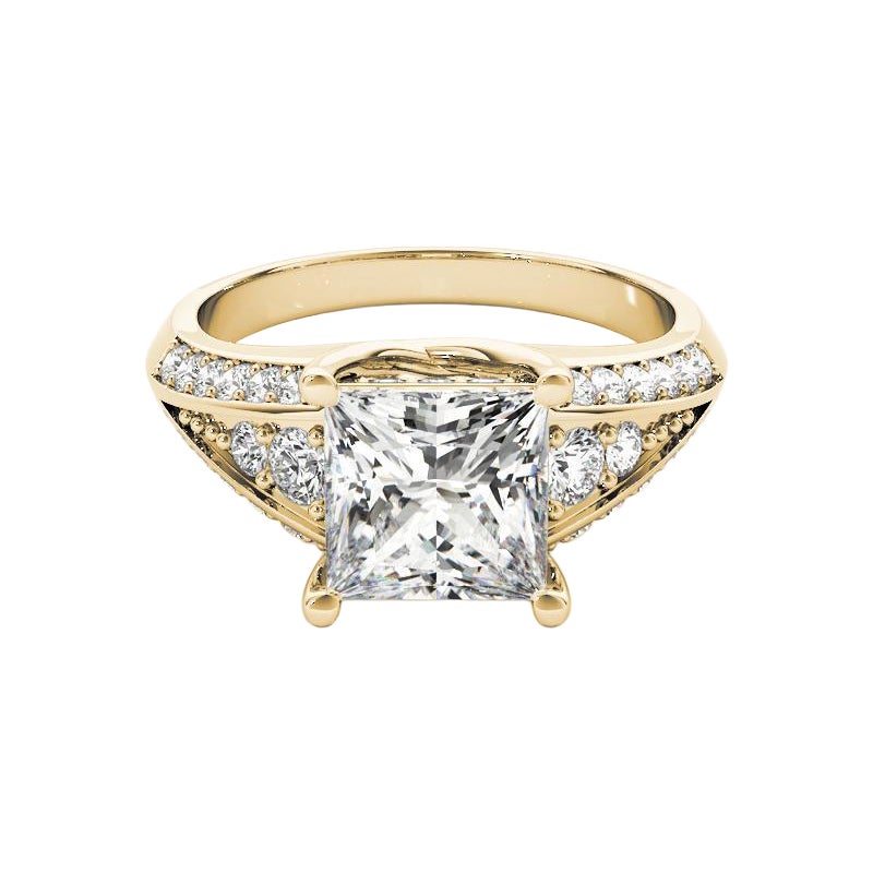 GIA 1.01ct Princess Solitaire Multi-Row Beveled Shank Yellow Gold Diamond Ring