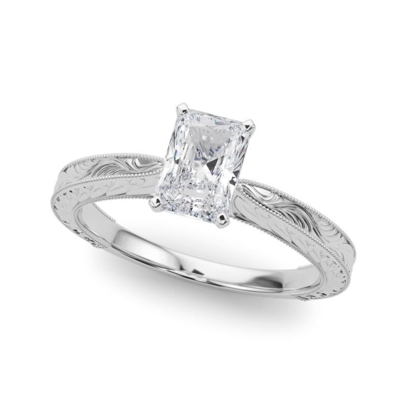 Radiant Cut GIA 1.01ct Radiant Classic Solitaire Antique Engraved White Gold Diamond Ring For Sale