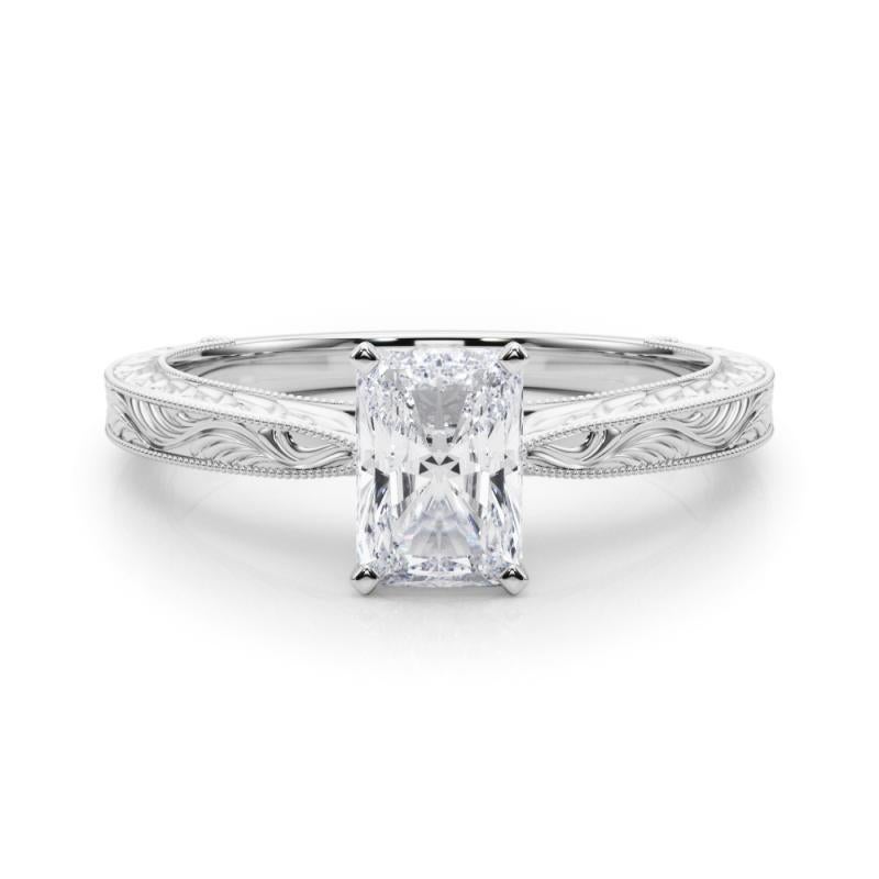 GIA 1.01ct Radiant Classic Solitaire Antique Gravé Bague diamant en or blanc