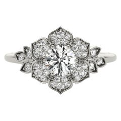GIA 1.01ct Round Daisy Leaf Flower Bloom Pave 18K White Gold Diamond Ring