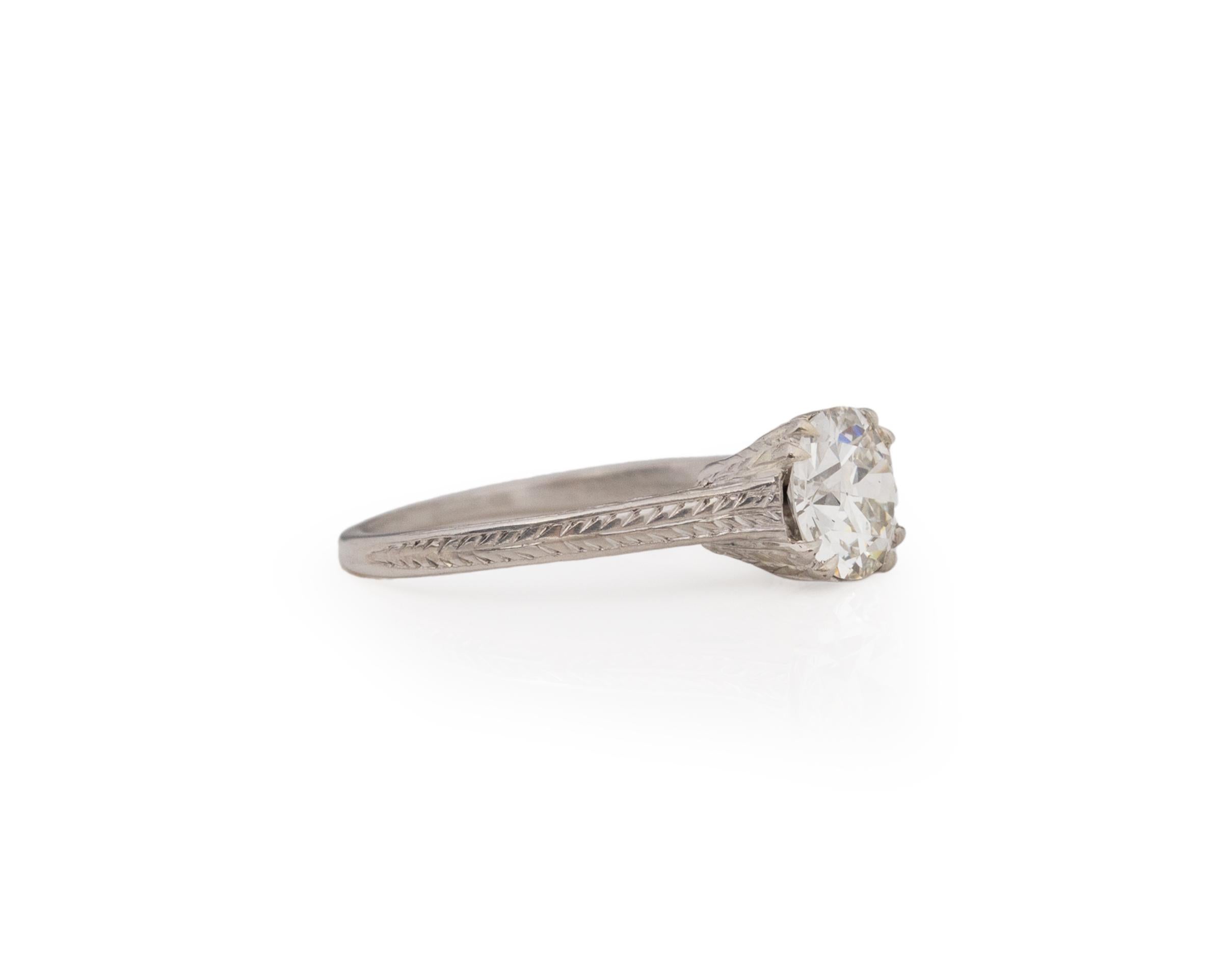 Ring Size: 4.75
Metal Type: Platinum [Hallmarked, and Tested]
Weight: 2.63grams

Center Diamond Details:
GIA REPORT #:6227597360
Weight: 1.02ct
Cut: Old European brilliant
Color: I
Clarity: VS2
Measurements: 6.73mm x 6.61mm x 3.81mm

Finger to Top