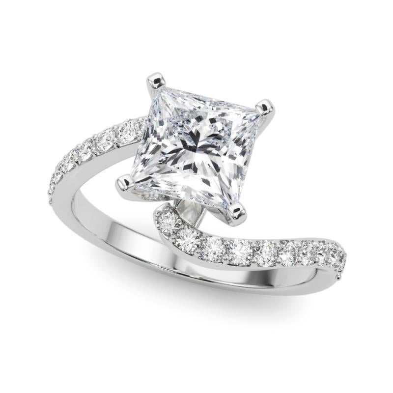 Princess Cut GIA 1.02 Carat Princess Curved Bypass Pave Shank 18K White Gold Diamond Ring For Sale