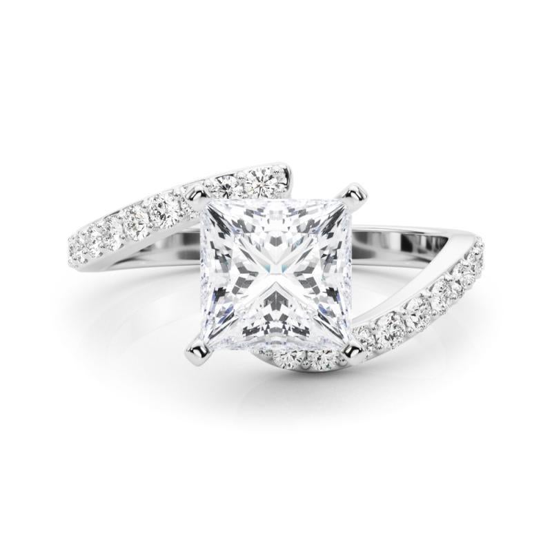 GIA 1.02 Carat Princess Curved Bypass Pave Shank 18K White Gold Diamond Ring