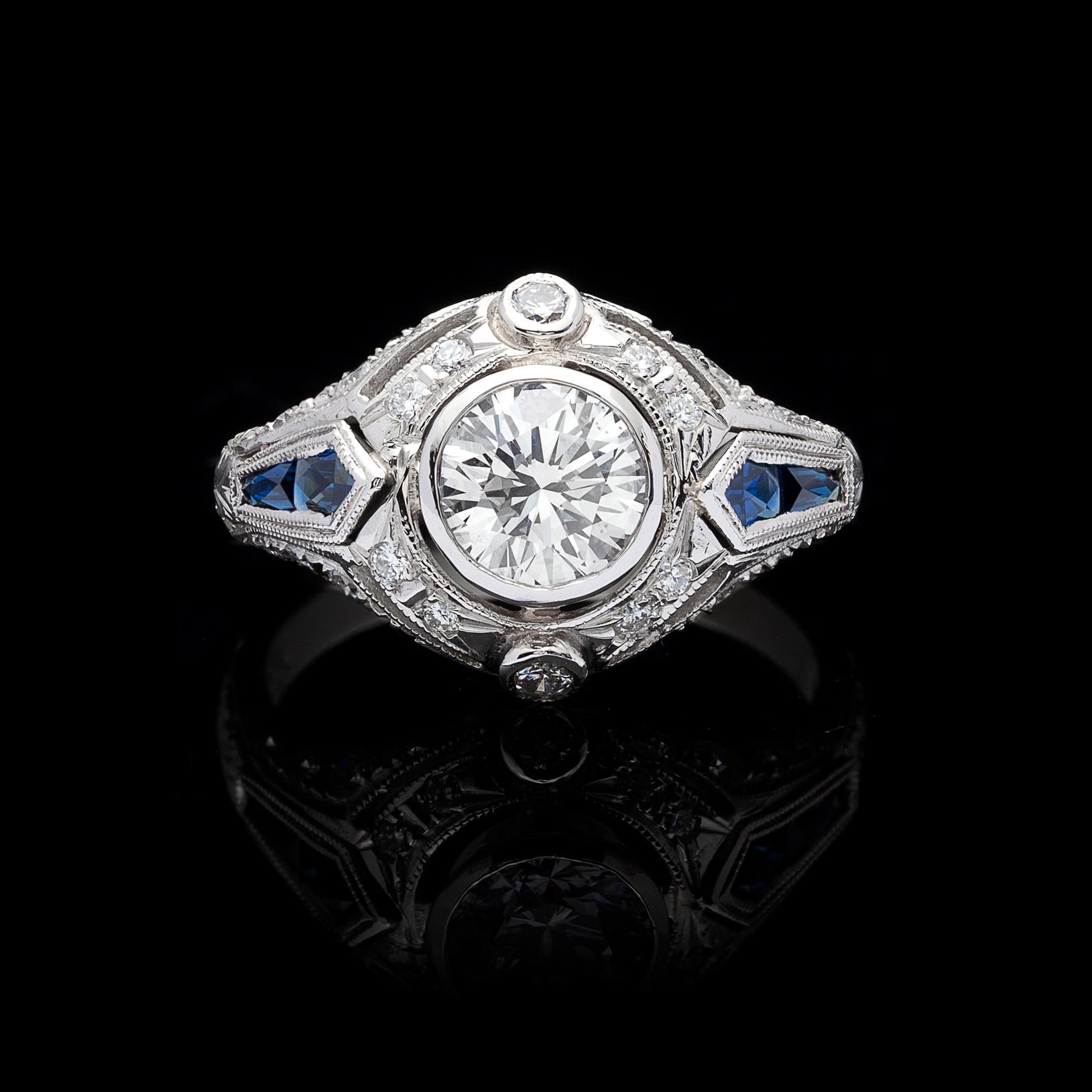 Art Deco GIA 1.02 Carat D/VS1 Diamond and Sapphire Engagement Ring