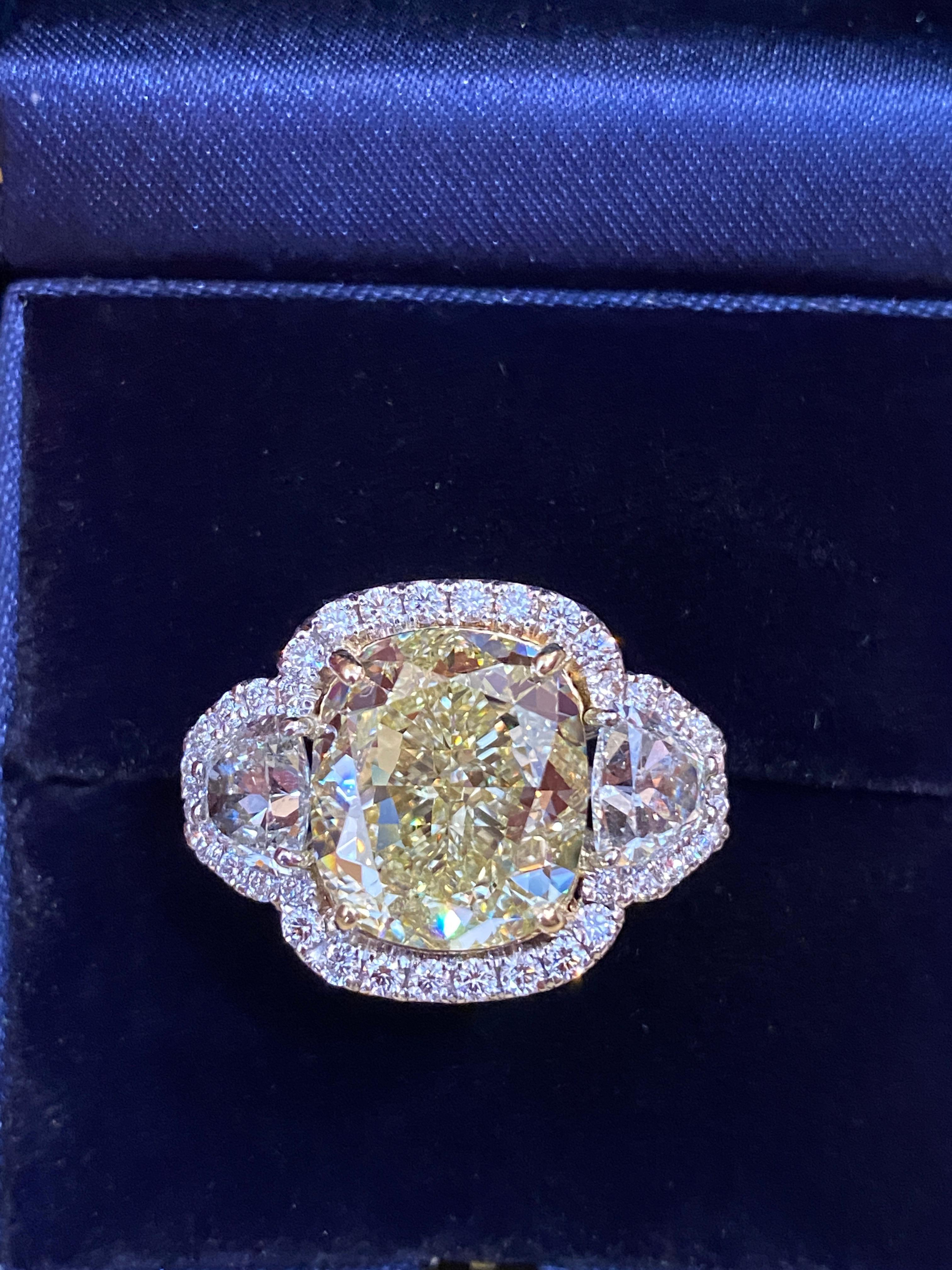 GIA 10.25 ct Fancy Yellow Cushion VS1 Diamond Ring in 18k White Gold In Excellent Condition In La Jolla, CA