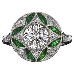GIA 1.02ct Diamond & Emerald Art Deco Circle Ring in 14K White Gold