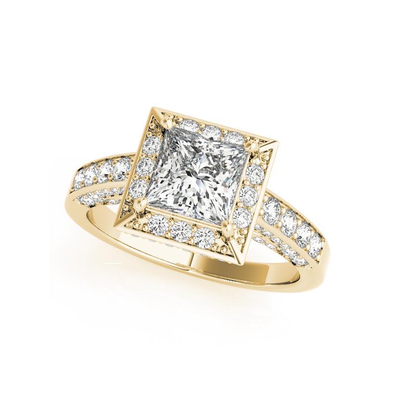 Taille princesse GIA 1.02ct Princess Halo Hidden Diamond Cathedral Bague diamant en or jaune 18K en vente