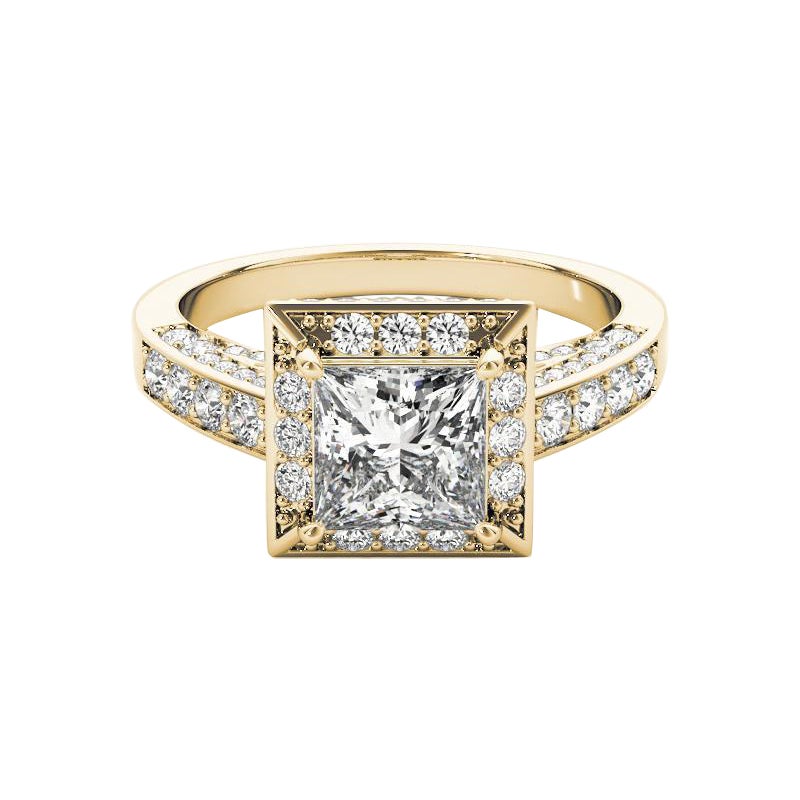 GIA 1.02ct Princess Halo Hidden Diamond Cathedral 18K Yellow Gold Diamond Ring