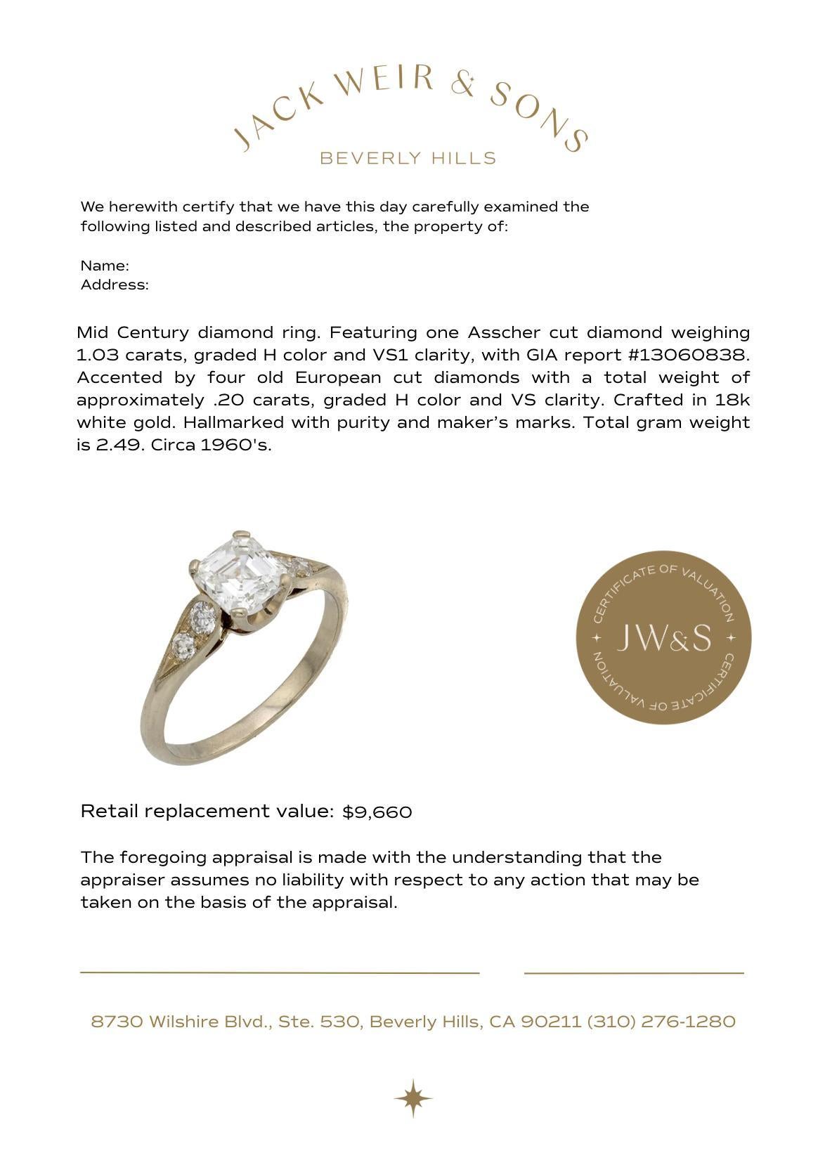GIA Bague de fiançailles en or blanc 18 carats diamant Asscher de 1,03 carat en vente 1