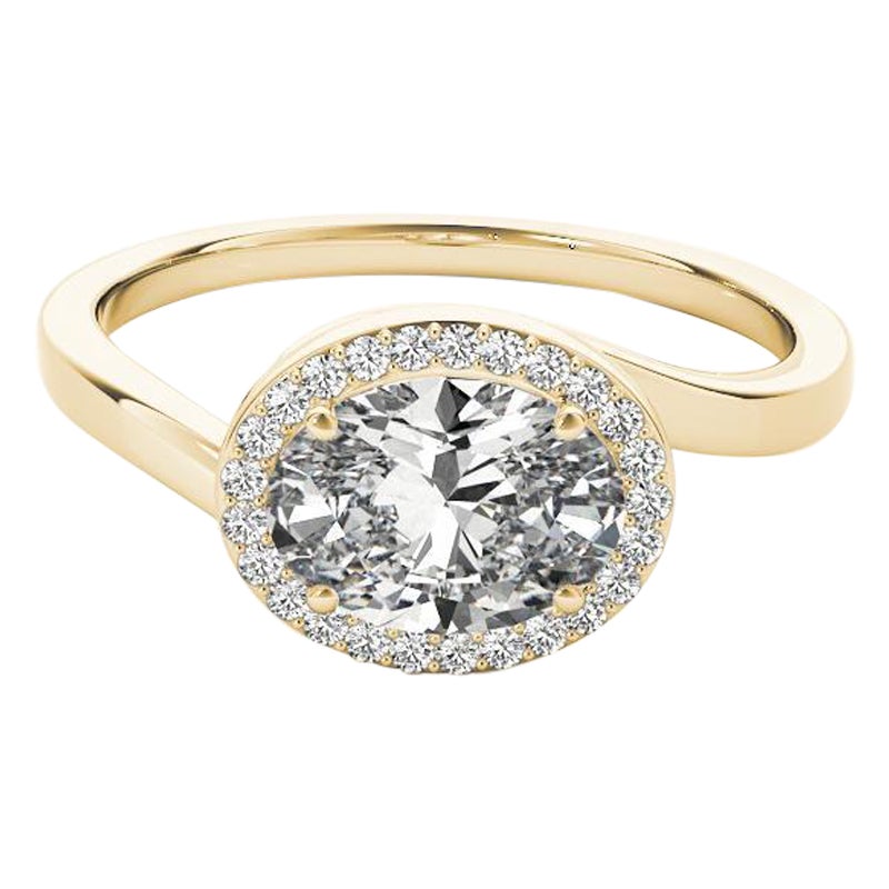 GIA Bague en or jaune 18 carats diamant 1,03 carat, halo ovale est-ouest, contournement incurvé