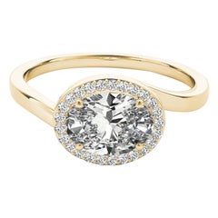 GIA Bague en or jaune 18 carats diamant 1,03 carat, halo ovale est-ouest, contournement incurvé