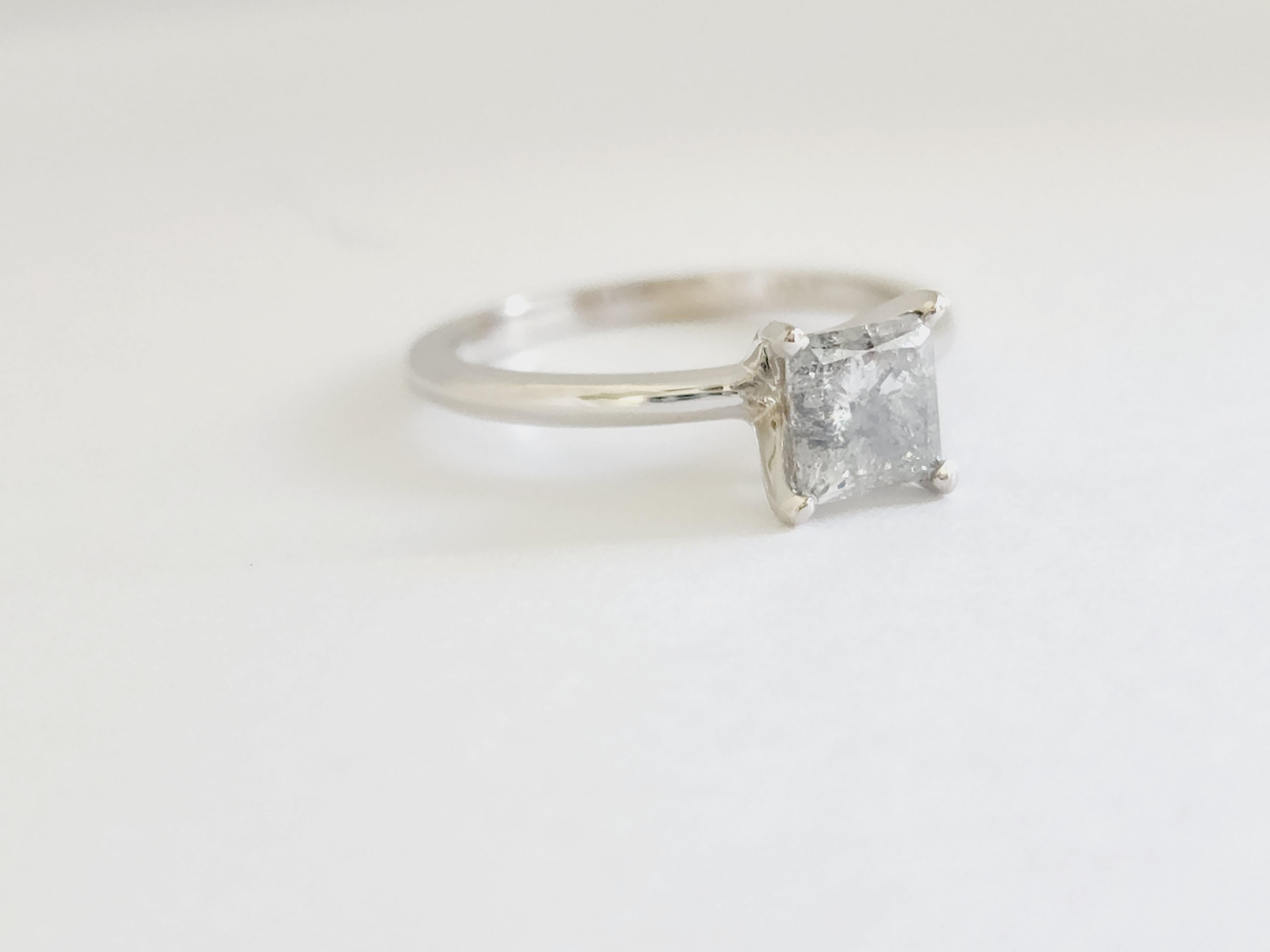 Women's GIA 1.03 Carat Fancy Light Gray Princess Cut Natural Diamond White Gold Ring 14K For Sale