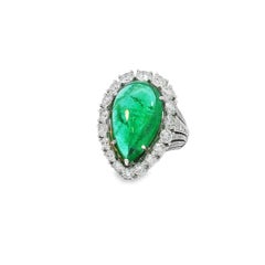 GIA 10.30 Carat Pear Cabochon Emerald 18 Karat White Gold Cocktail Ring