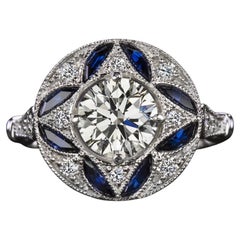 GIA 1.03ct Diamond and Sapphire Circle Ring in 14K White Gold Art Deco Style