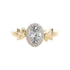 GIA 1.03ct Anello solitario ovale in oro giallo con diamanti tagliati a foglia di giardino