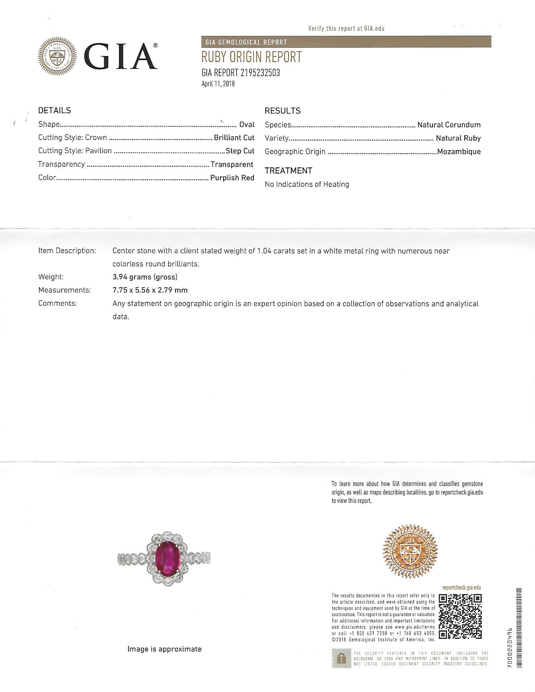 GIA 1.04 Carat Unheated Ruby Diamond Ring For Sale 1
