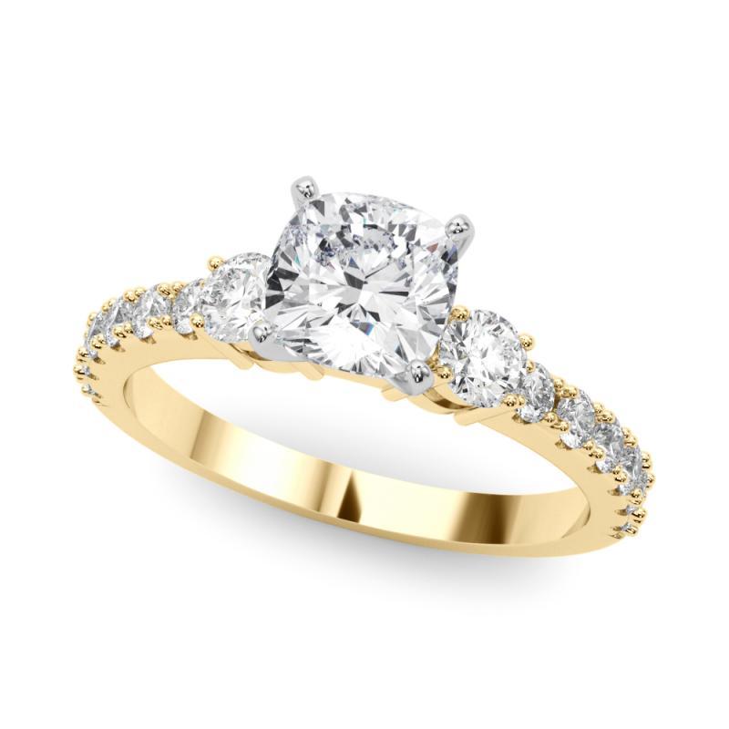 Cushion Cut GIA 1.04ct Cushion Three-Stone with Diamond Shank 18K Yellow Gold Diamond Ring For Sale