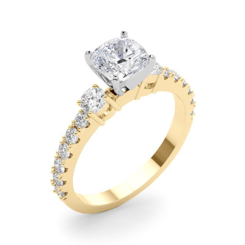 Women's GIA 1.04ct Cushion Three-Stone with Diamond Shank 18K Yellow Gold Diamond Ring For Sale
