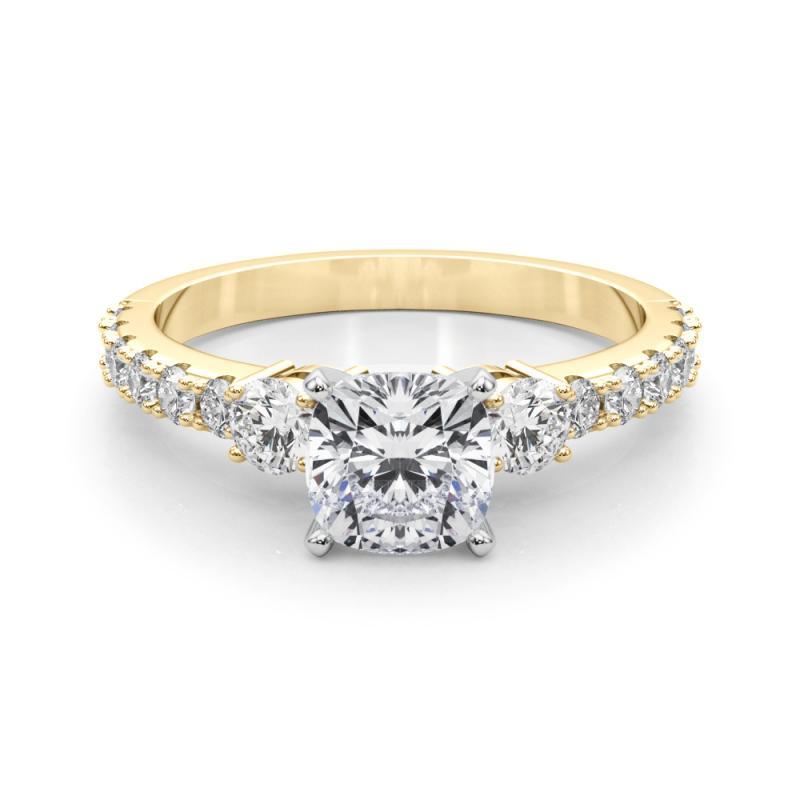 GIA 1.04ct Cushion Three-Stone with Diamond Shank 18K Yellow Gold Diamond Ring