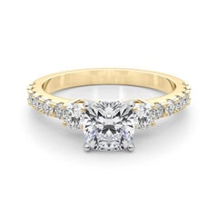 GIA 1.04ct Cushion Three-Stone with Diamond Shank 18K Yellow Gold Diamond Ring