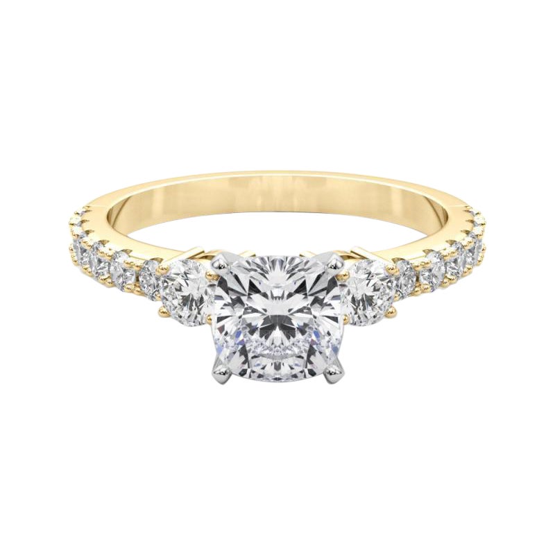 GIA 1.04ct Cushion Three-Stone with Diamond Shank 18K Yellow Gold Diamond Ring For Sale