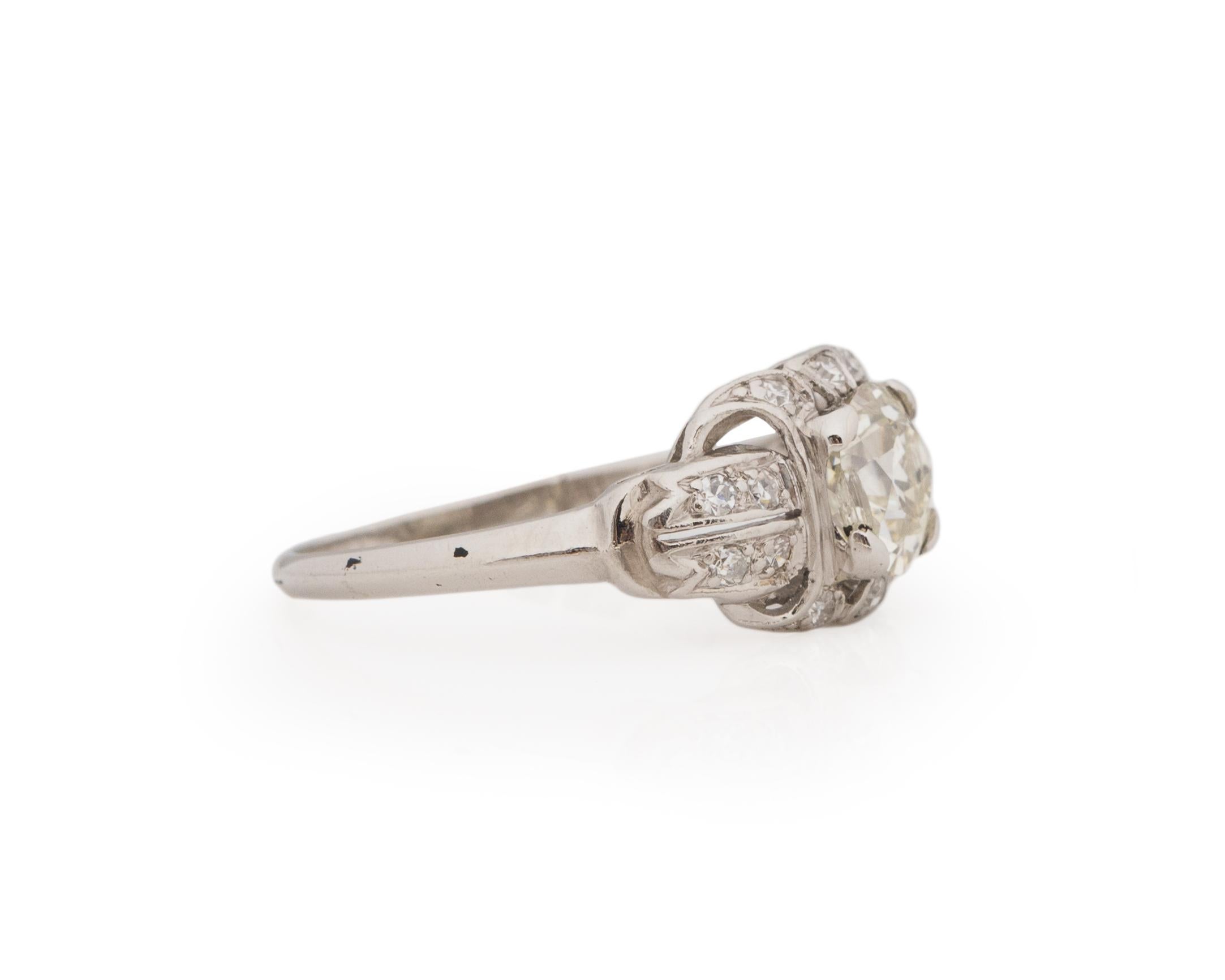 Ring Size: 5.75
Metal Type: Platinum [Hallmarked, and Tested]
Weight: 3.3 grams

Diamond Details:
GIA REPORT #: 5222429132
Weight: 1.05ct
Cut: Old Mine brilliant (antique cushion)
Color: L
Clarity: VS1
Measurements: 6.49mm x 5.97mm x 4.26mm

Finger