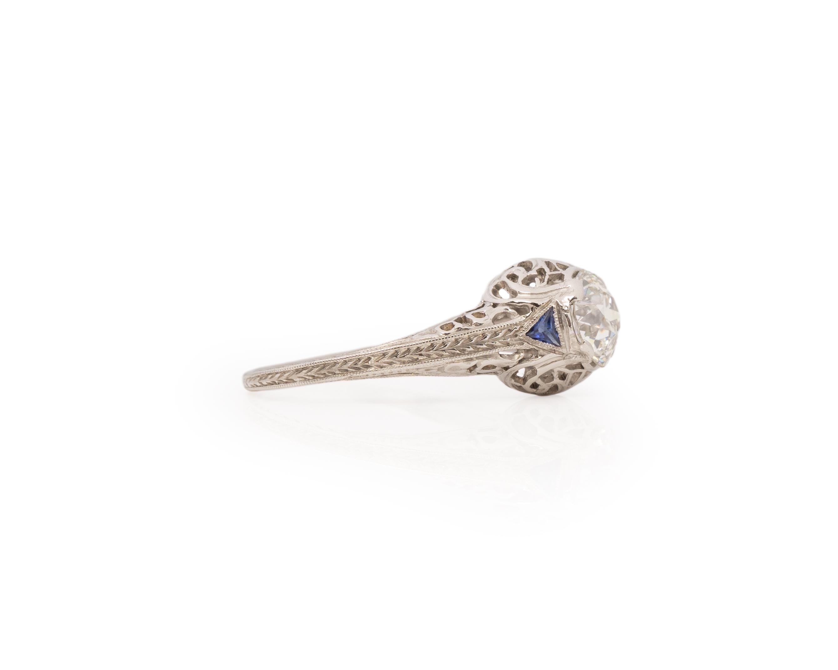 Taille de l'anneau : 6.25
Type de métal : Platine [poinçonné et testé].
Poids : 3.0 grammes

Détails du diamant central :
RAPPORT DE LABORATOIRE GIA #:2225834805
Poids : 1,05ct
Coupe : Vieux brillant européen
Couleur : I
Clarté : SI1
Dimensions :
